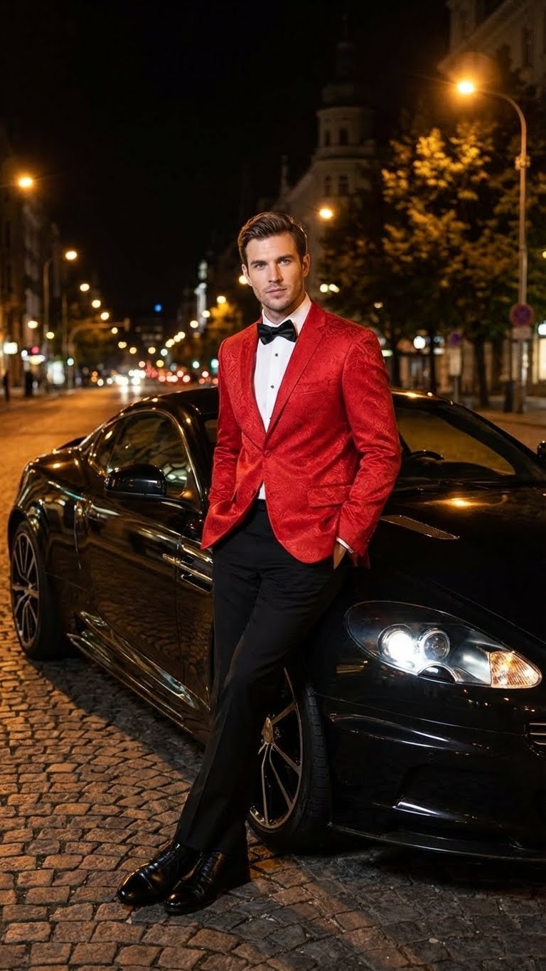 Men’s Red Paisley Velvet Blazer - Christmas new year Sport Coat Jacket - Prom 2026 Collection