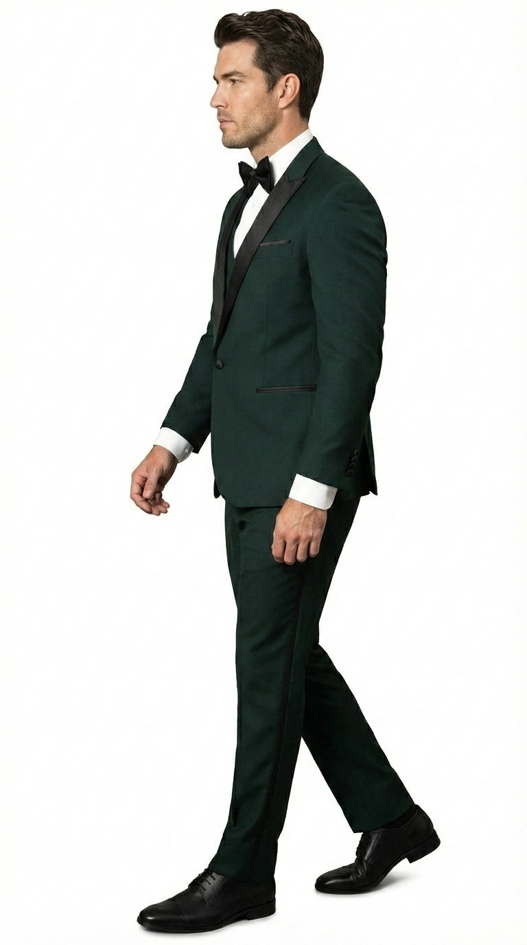 Men’s Hunter Green Tuxedo Suit 3 Piece – One Button Peak Lapel Designer Formal Suit for Wedding,  Light Weight Wool By Statement Dark Green