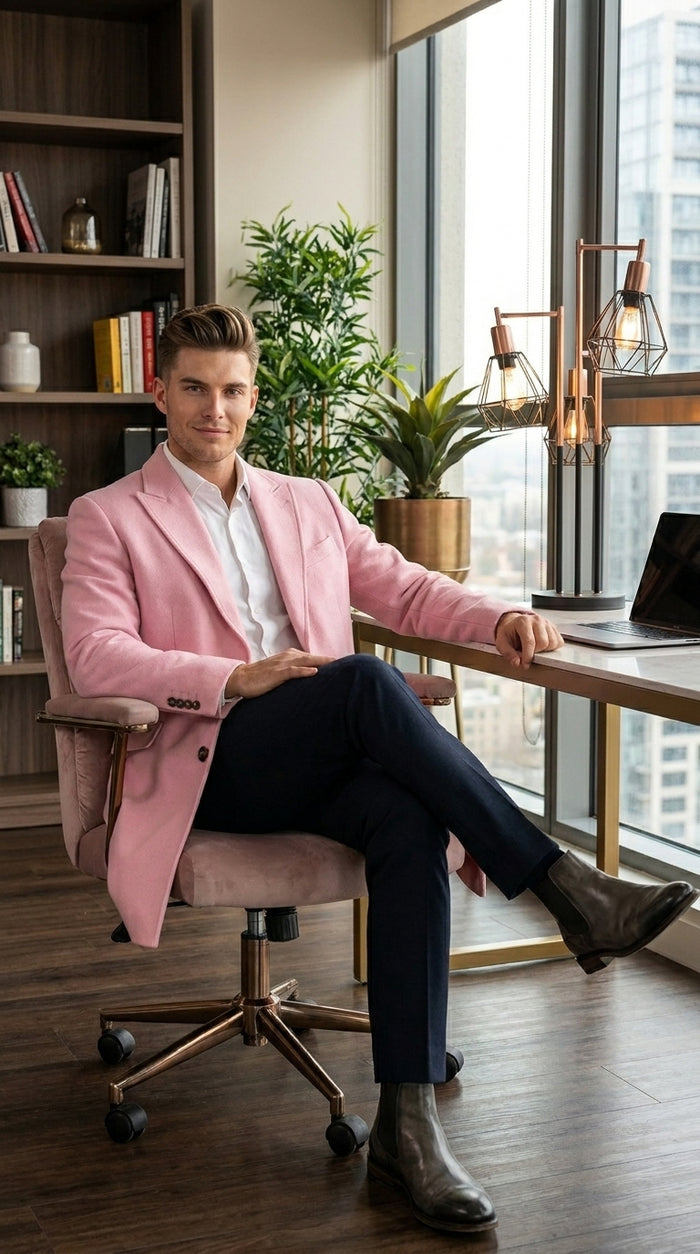 Men’s Light Pink Fashion Overcoat with Notch Lapel, Dress Car Coat for Formal and Casual Wear