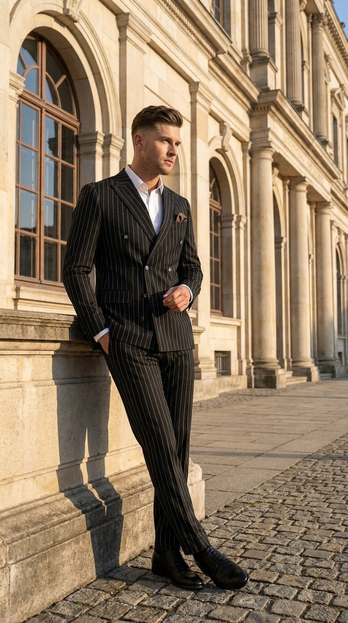 Men's Black Pinstripe Tuxedo Suit – Classic  and 1920s Gangster Formal Wear Vintage 1940s 1930s Look