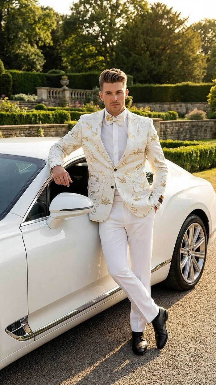 Men’s White and Gold Patterned Blazer – Paisley Floral Pattern Prom Wedding Suit Tuxedo Dinner Jacket + Bowtie