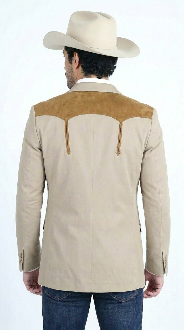 Men’s Khaki Western Blazer with Suede Yokes, Cowboy Sport Coat , Ranch and Country Events in Tan Khaki Color By Platini