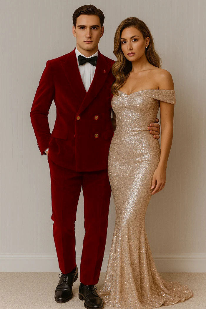 Mens Velvet Suit - Slim Fit Double Breasted Suit Blazer and Pants - Green