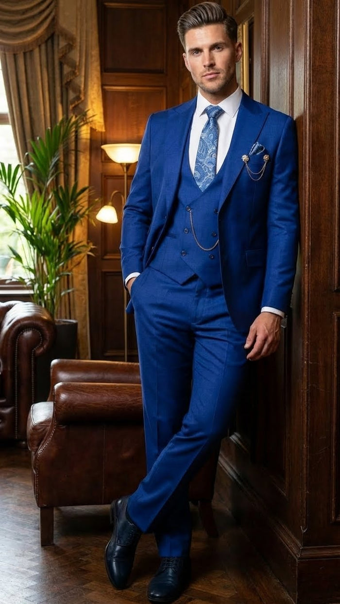 Men’s Royal Blue 3 Piece Suit Set with Vest – Formal Wedding and Party Wear Suit - Saphire Cobalt blue