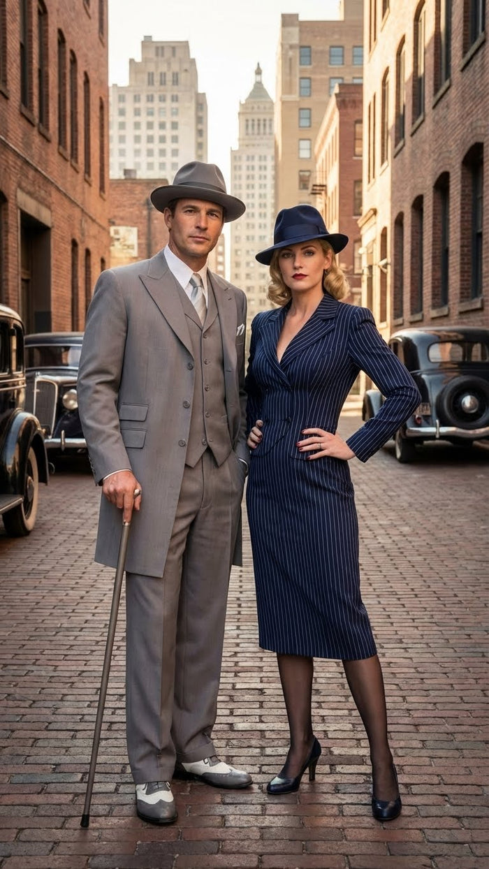 Men’s Gray Zoot Suit with Matching Hat and 1920s Shoes | Grey Vintage Wedding and Party Three Piece Suit