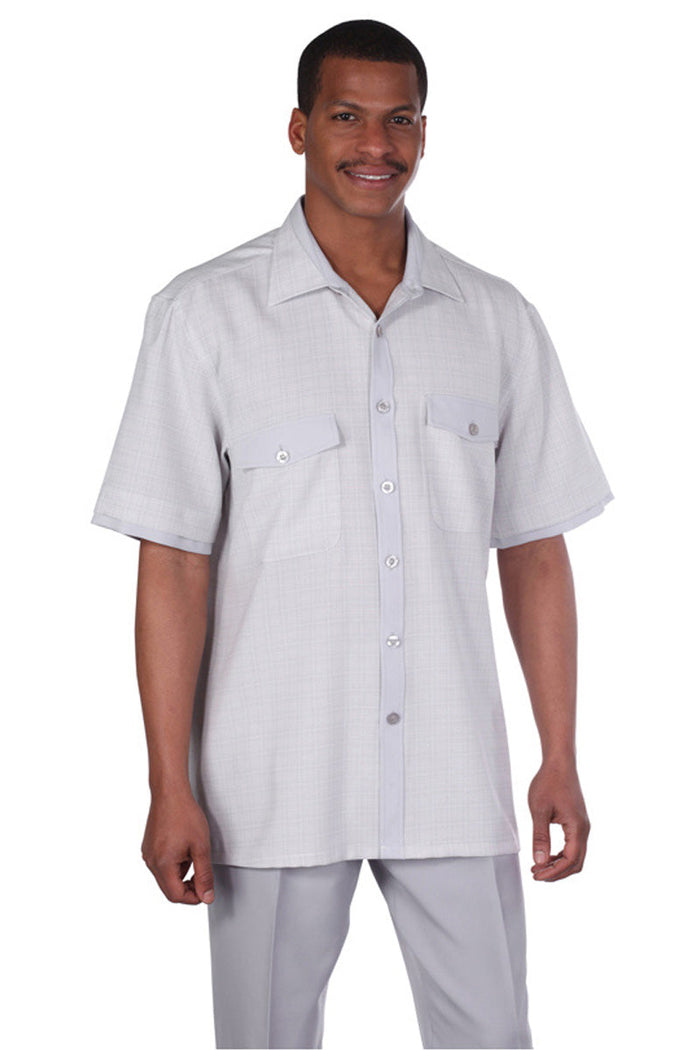 Mens Short Sleeve Mini Plaid Walking Suit in Grey