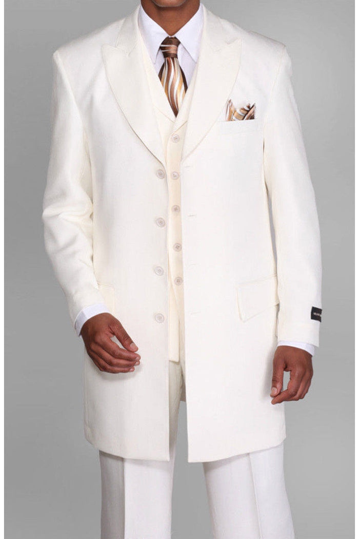 Mens Vested Peak Lapel Fashion Herringbone Zoot Suit in Ivory