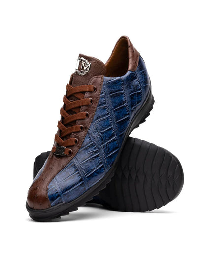 Saulo Blue & Brown Ostrich Alligator Sneakers