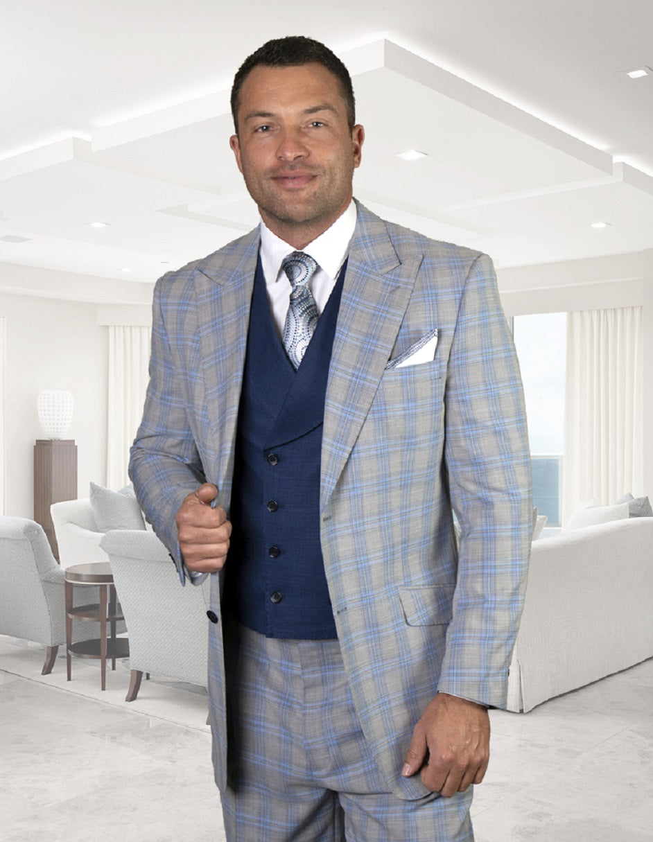 Apula Light Blue Plaid Wool Suit & Double Breasted Vest