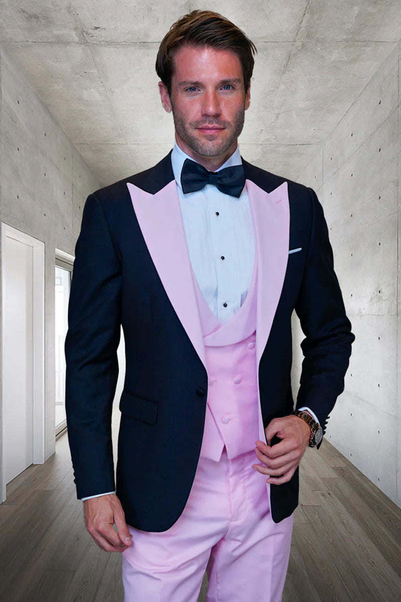 Designer Black & Pink Wool Tuxedo Vested Set