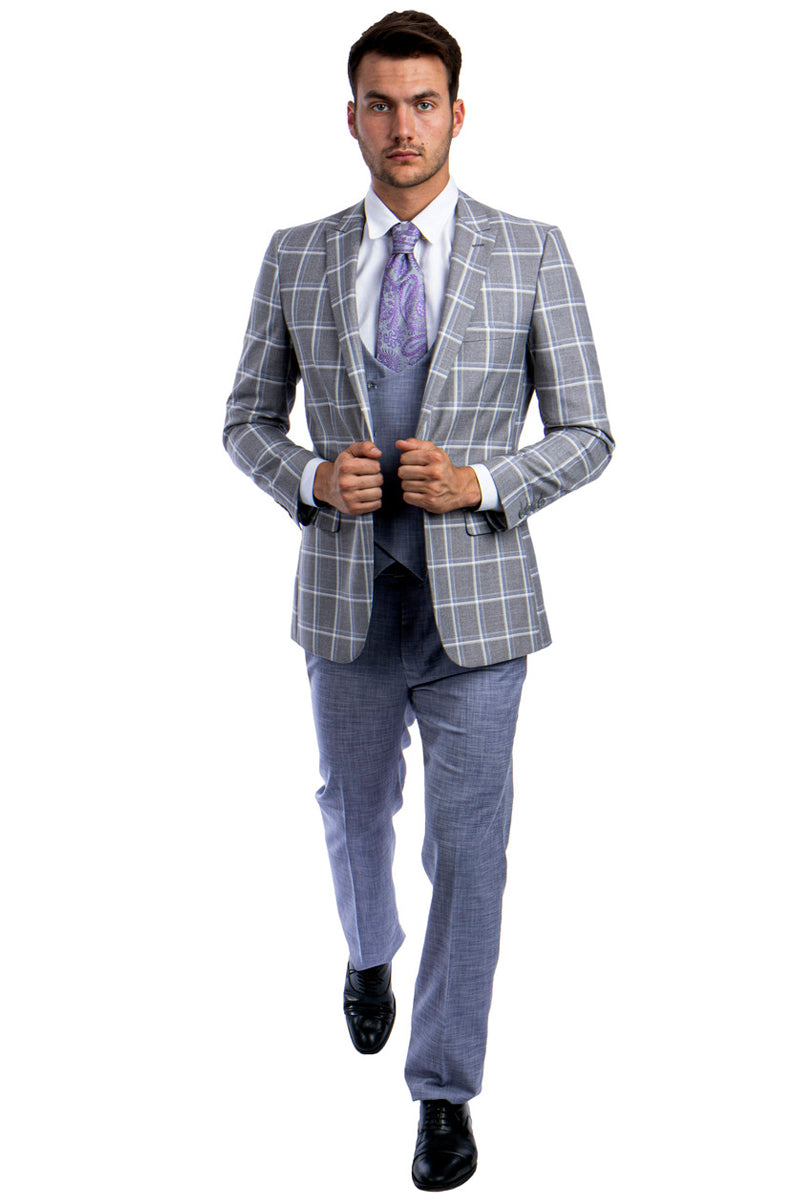 Grey & Blue Windowpane Suit with Vest - Rossiman