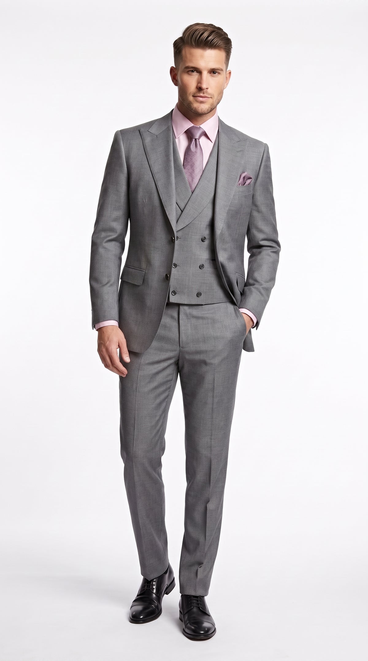 Men’s Charcoal Grey 3 Piece Suit with Lapel Vest, Modern Formal Wedding Business Dress Suit