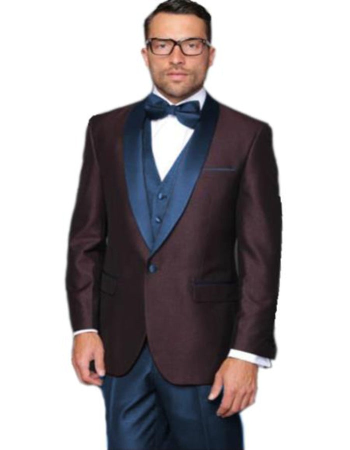 Burgundy Plum & Navy Lapel 3-Piece Tuxedo Suit