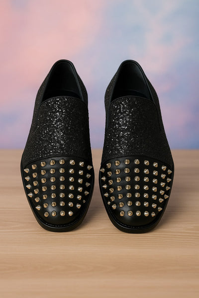 Black Glitter Loafers with Spike Studded Toe