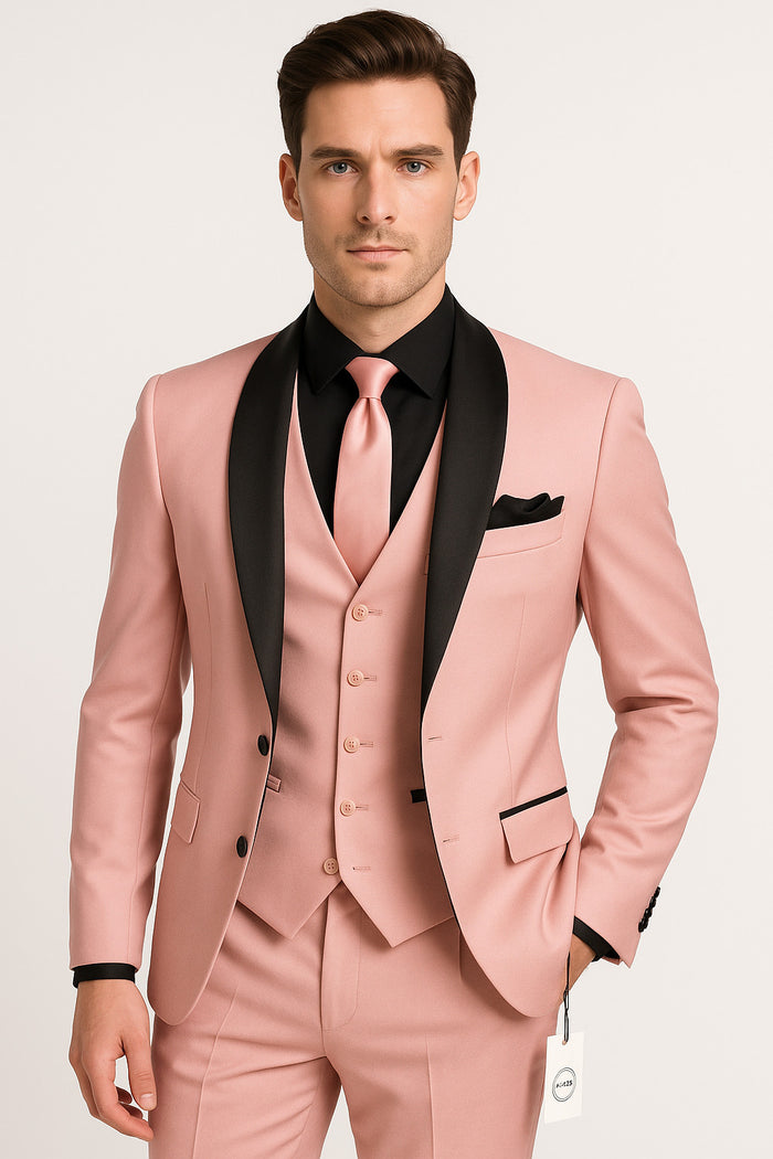Men's Light Pink 3-Piece Tuxedo Suit with Black Satin Shawl Lapel – Formal Wear - Ultra Slim Fitted in Blush color