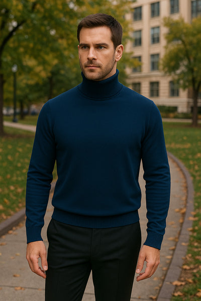 Men's Navy Blue Classic Turtleneck Sweater – Lightweight Knit Pullover