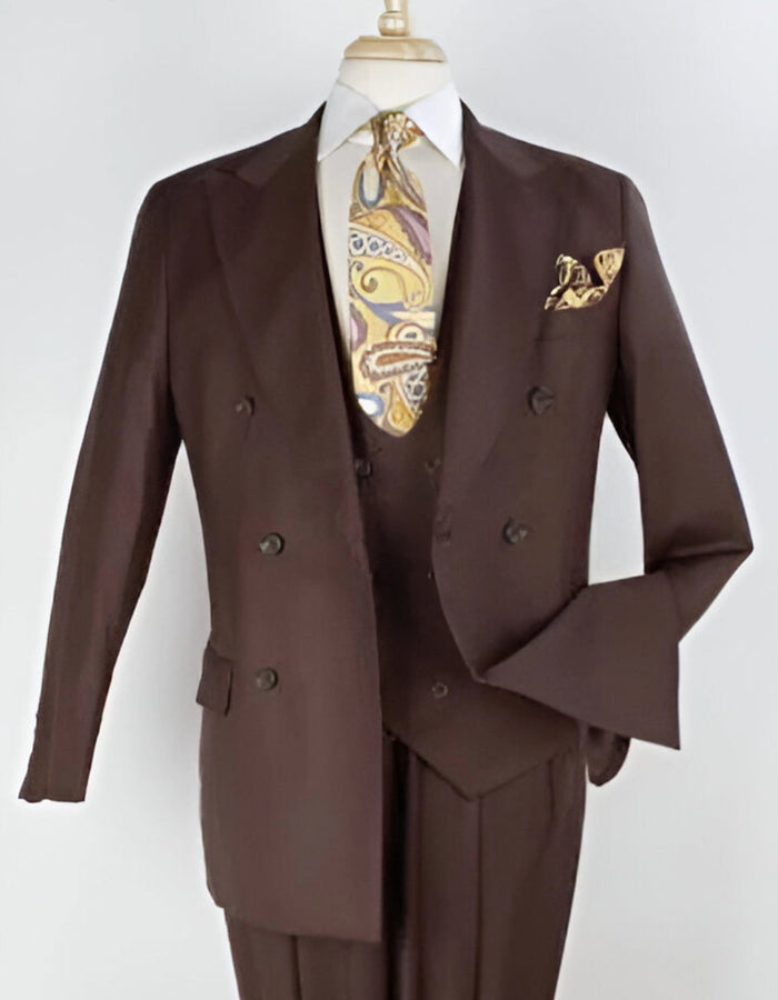 Double Breasted Vested Wool Suit in Brown