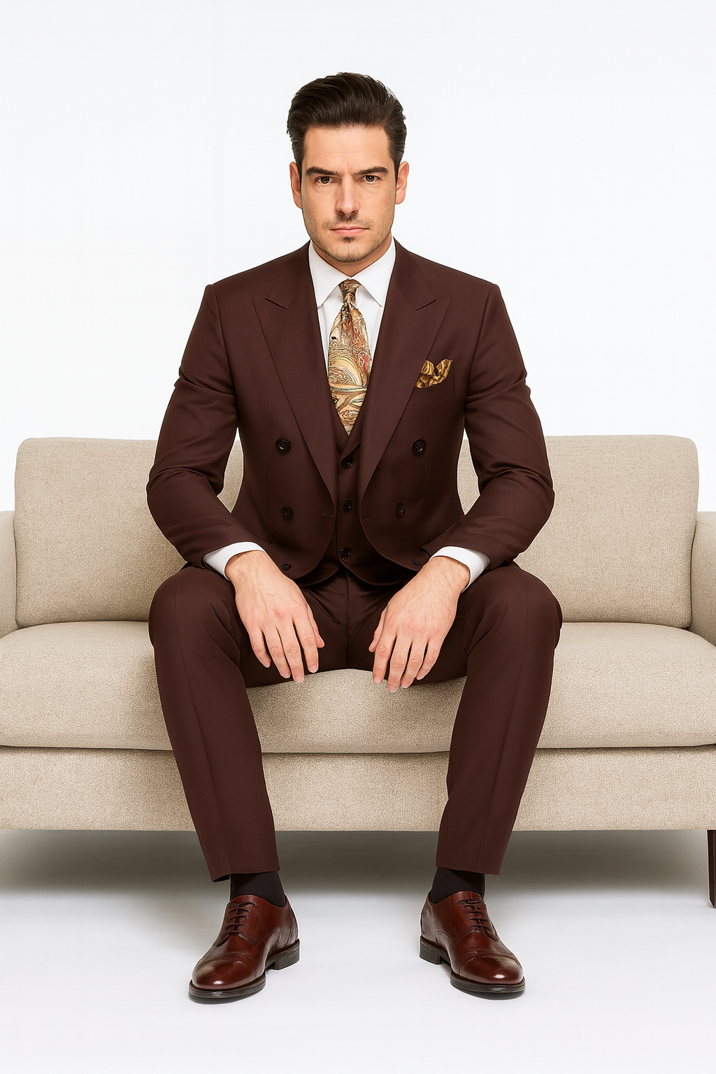 Double Breasted Vested Wool Suit in Brown