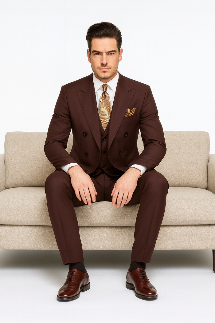Double Breasted Vested Wool Suit in Brown