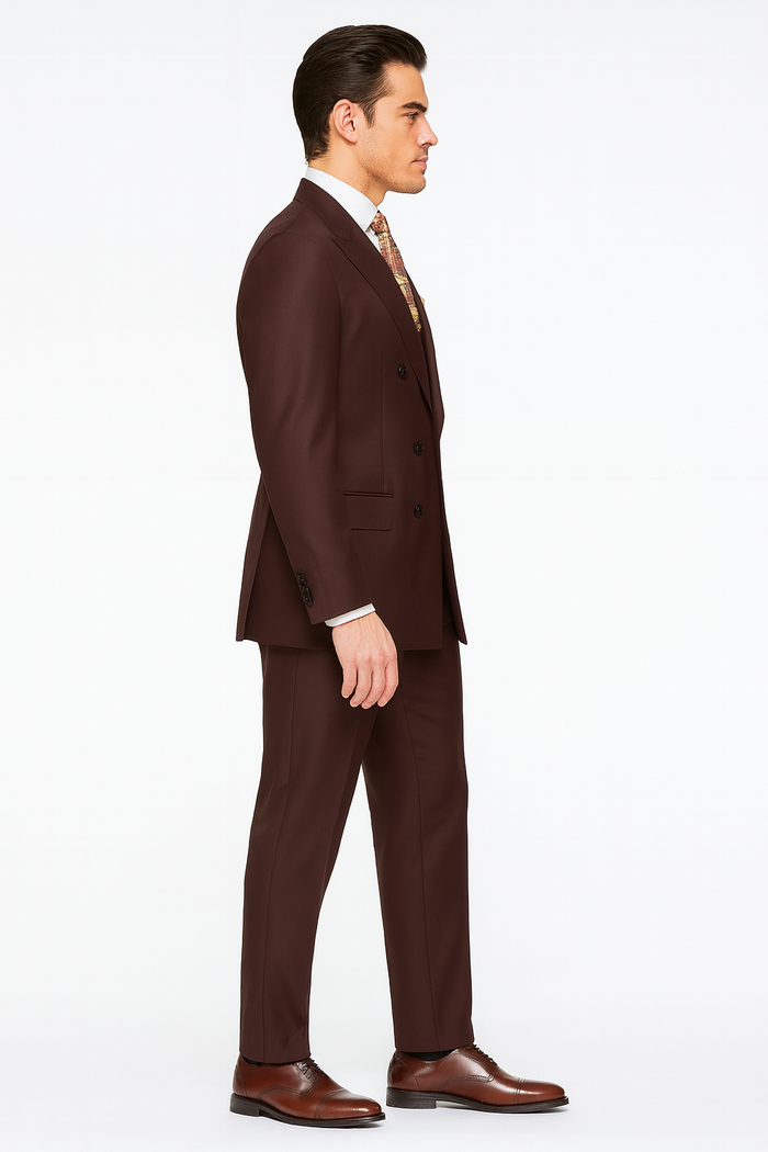 Double Breasted Vested Wool Suit in Brown