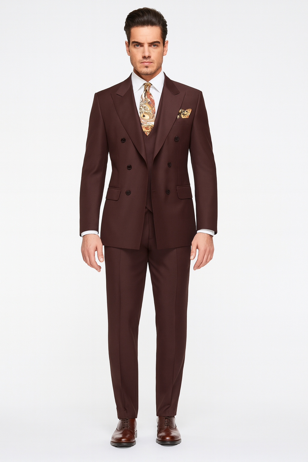 Double Breasted Vested Wool Suit in Brown