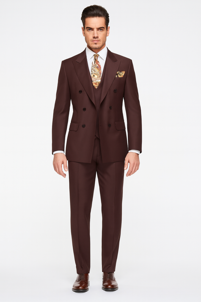 Double Breasted Vested Wool Suit in Brown