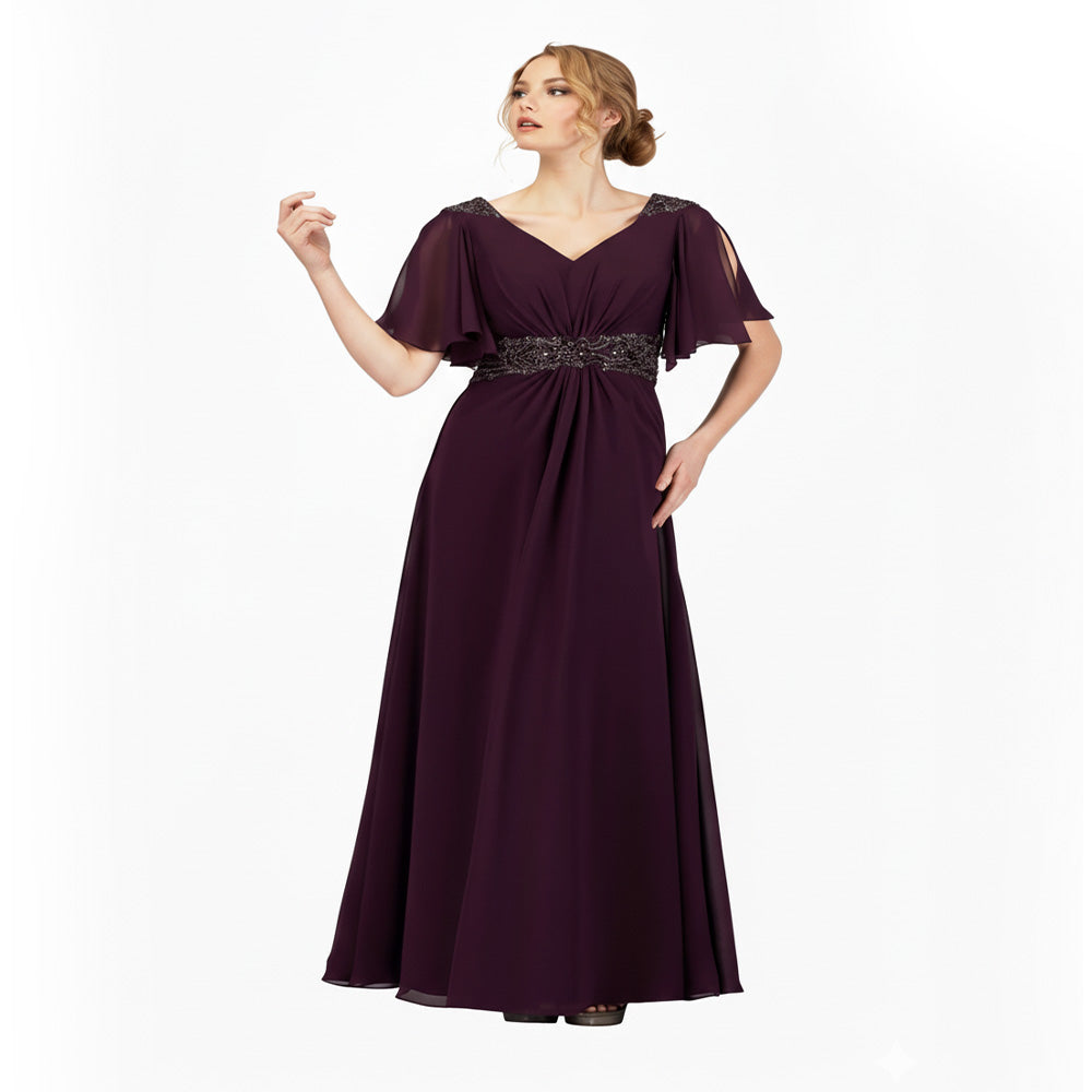 Abby Paris 986002W Beaded Chiffon Short Sleeve Gown