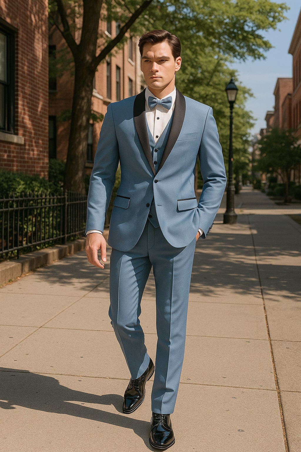 Sky Blue Tuxedo with Black Shawl Lapel Slim Fit Prom and Wedding Suit in Baby Blue Color - Light Blue Sky Blue / 52 Regular Jacket+46 Waist Adjust Sky Blue Tuxedo with Black Shawl Lapel Slim Fit Prom and Wedding Suit in Baby Blue Color - Light Blue Sky Blue / 52 Regular Jacket+46 Waist Adjust