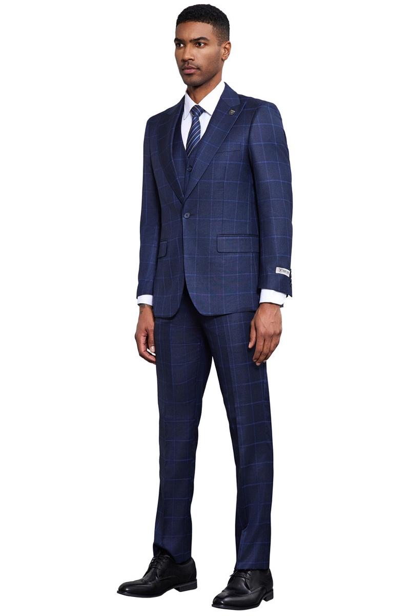 Stacy Adams Navy Windowpane Vested Suit for Men