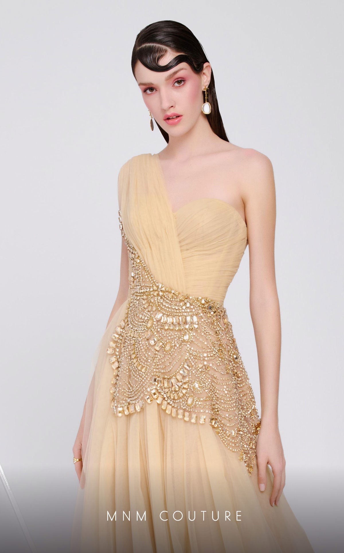 MNM Couture B1110 Golden One-Shoulder Embellished Gown