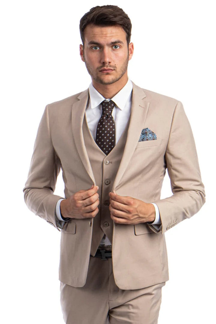 Men's Slim Fit Tan Vested Suit