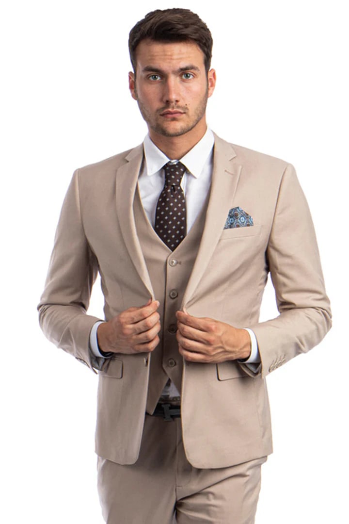 Men's Slim Fit Tan Vested Suit