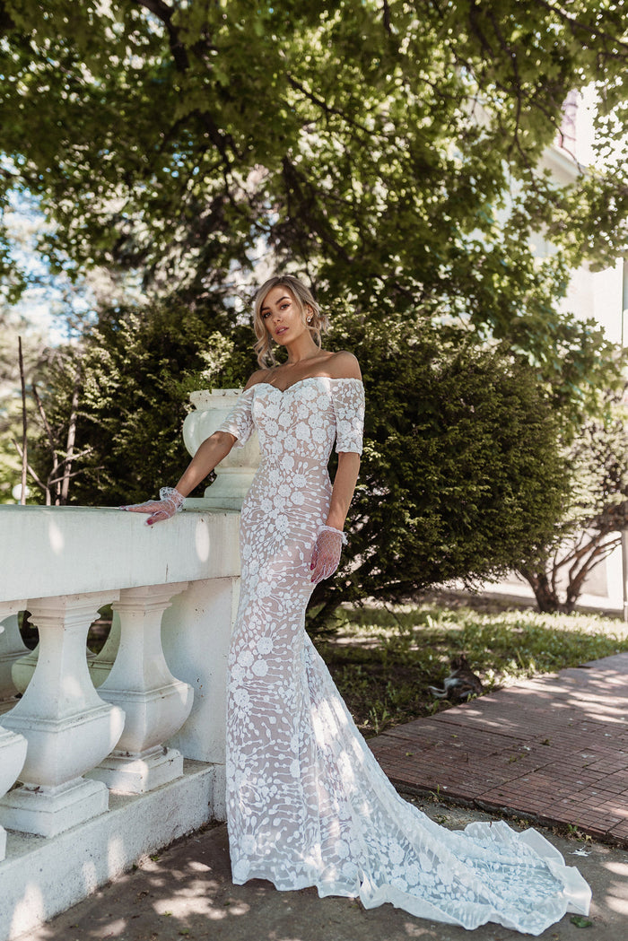 Tina Holly BB009 Wedding Mermaid Off-Shoulder Beaded Flowy Sequin Dress