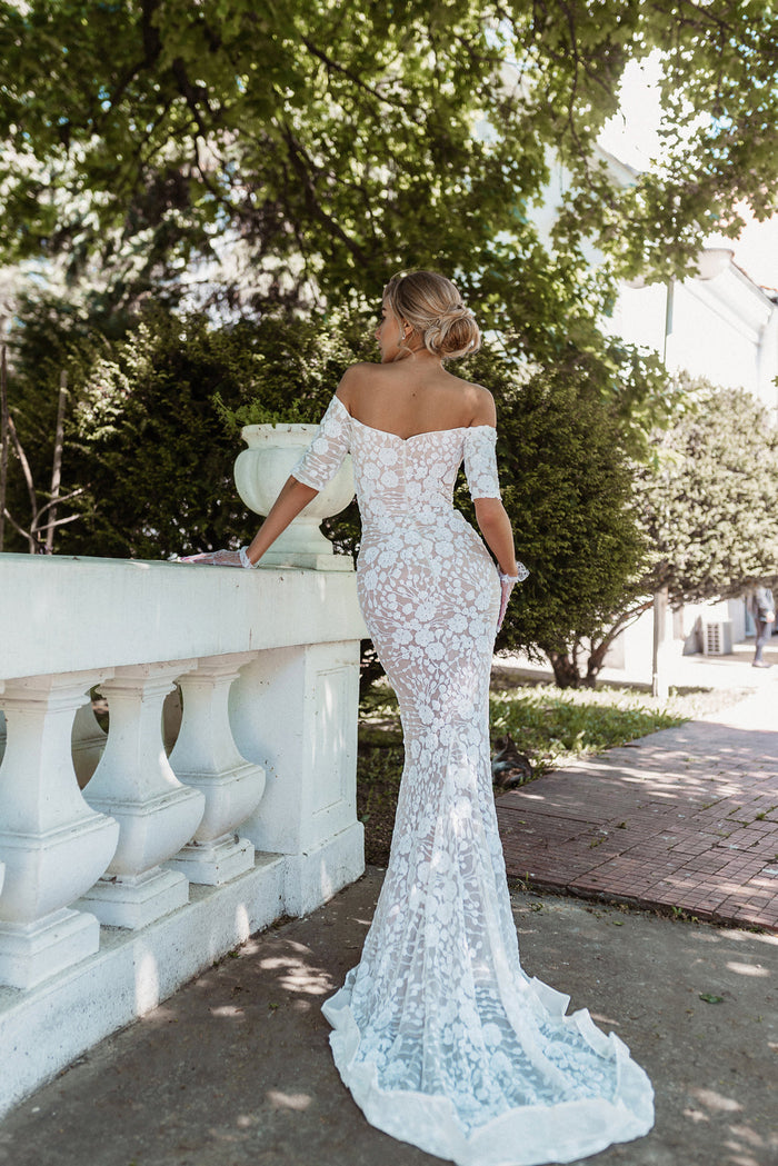 Tina Holly BB009 Wedding Mermaid Off-Shoulder Beaded Flowy Sequin Dress