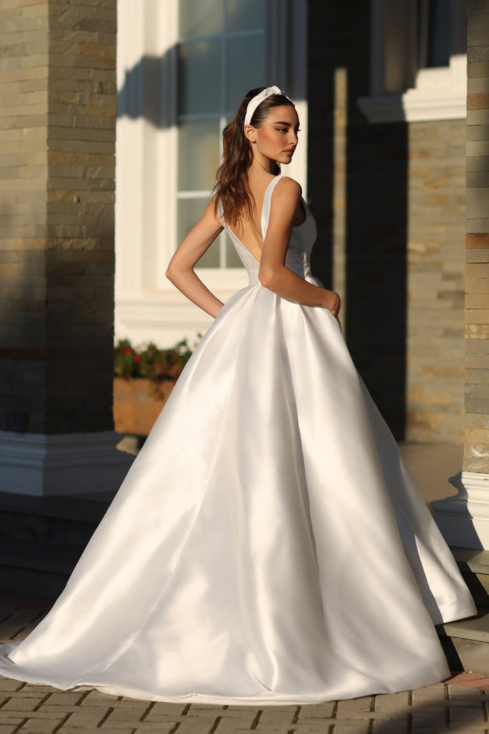Tina Holly BB209W Wedding A-Line High Slit Pockets Flowy Mikado Dress