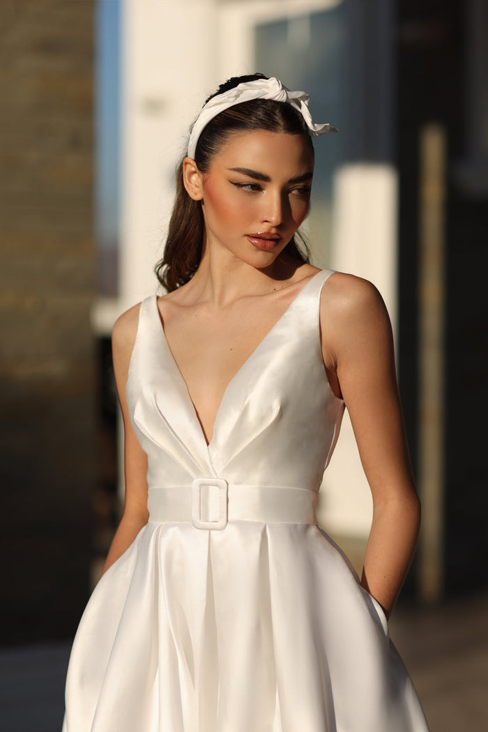 Tina Holly BB209W Wedding A-Line High Slit Pockets Flowy Mikado Dress