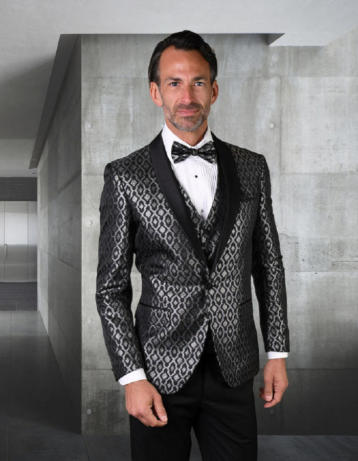 Vested Shiny Diamond Print Black Tuxedo for Men