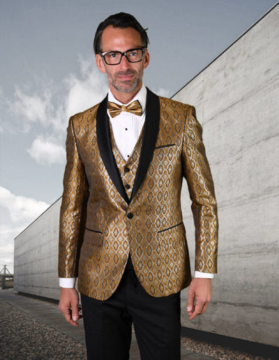 Gold Diamond Print Vested Tuxedo for Men