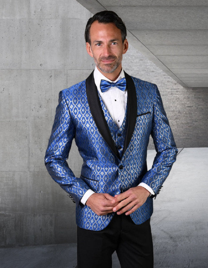 Men's Royal Blue Diamond Print Vested Tuxedo