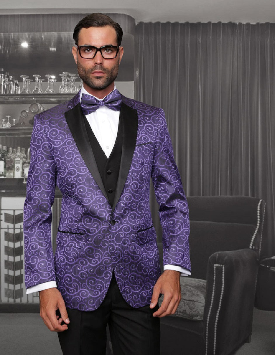 Purple Swirl Pattern Notch Lapel Tuxedo for Men