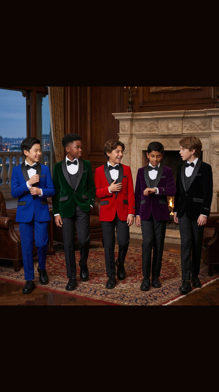 Boys' Slim Fit 5-Piece Velvet Suit Set – Satin Shawl Lapel – Holiday & Formal Events
