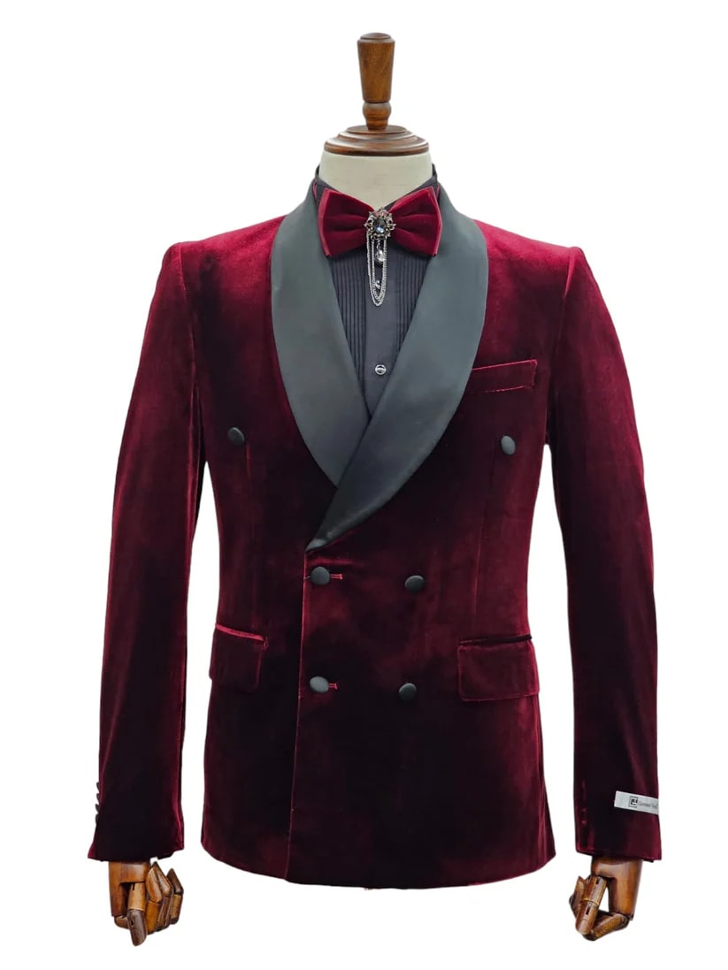Double Breasted Burgundy Tuxedo - Slim Shawl Collar
