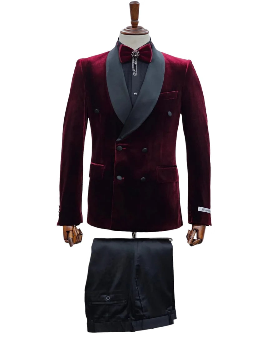 Double Breasted Burgundy Tuxedo - Slim Shawl Collar