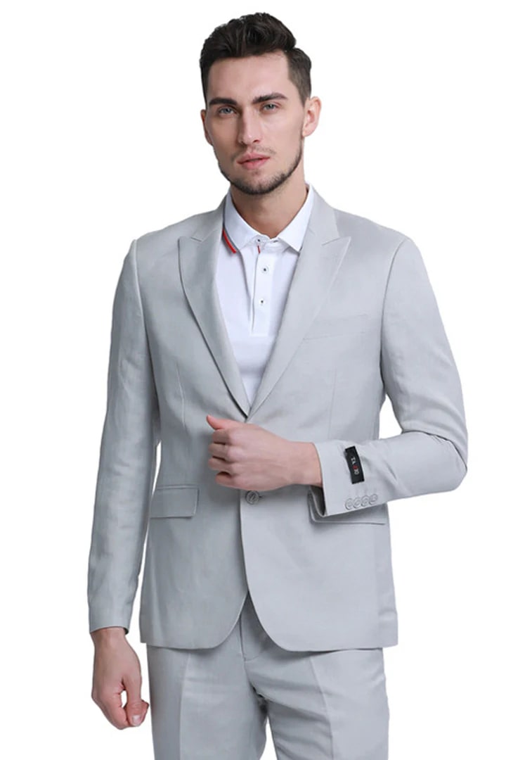 Two Button Peak Lapel Linen Style Suit, Light Grey