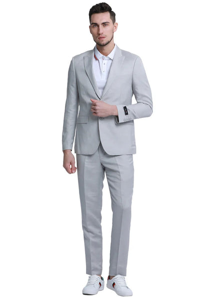 Two Button Peak Lapel Linen Style Suit, Light Grey