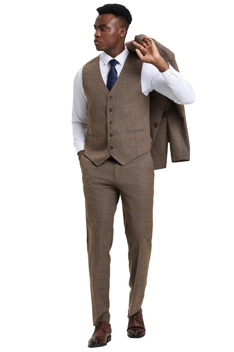 Stacy Adams Taupe Micro Check Vested Suit