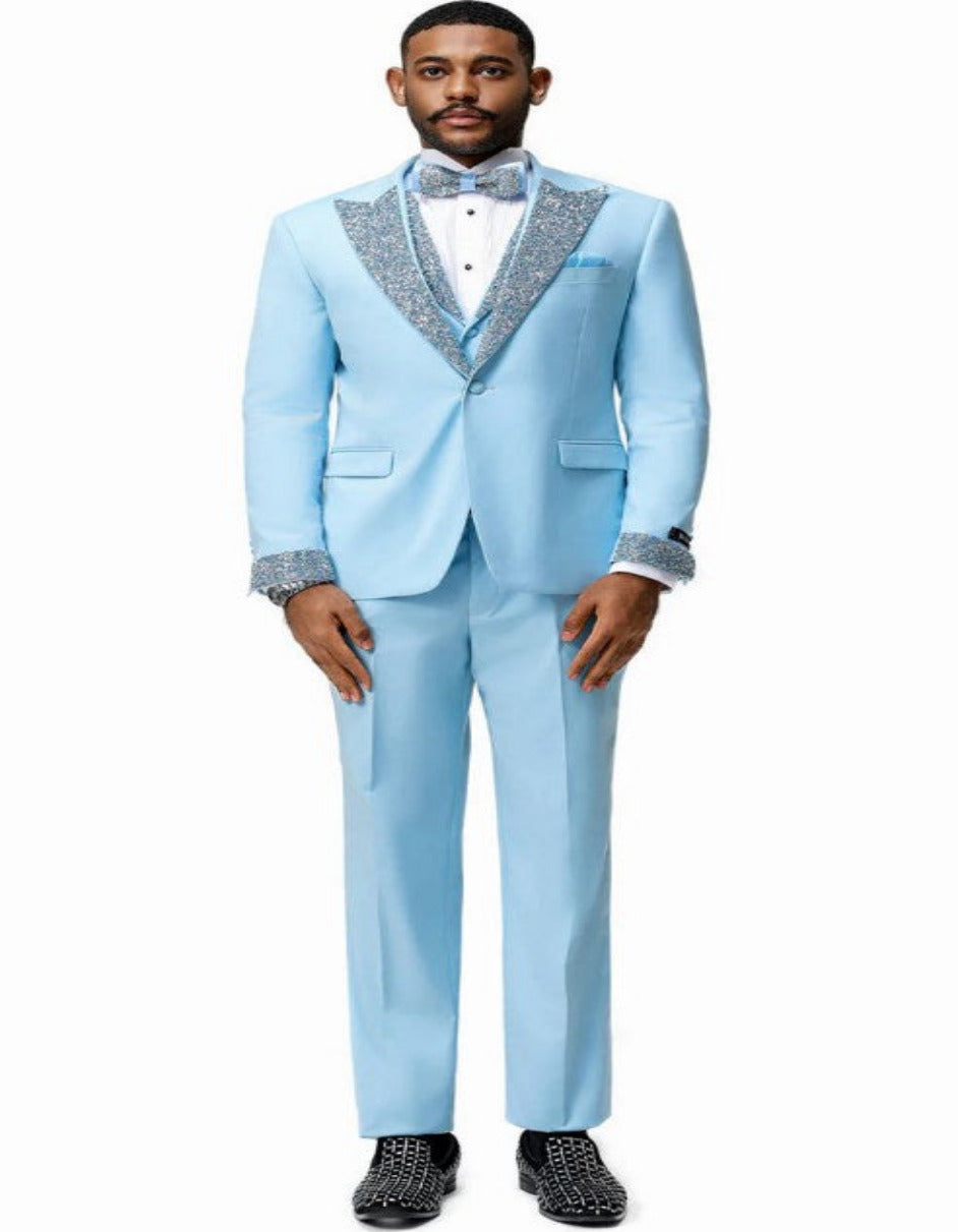 Baby Blue Prom Tuxedo with Rhinestone Lapel