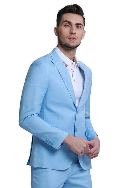 Men's Baby Blue Linen Style Wedding Suit