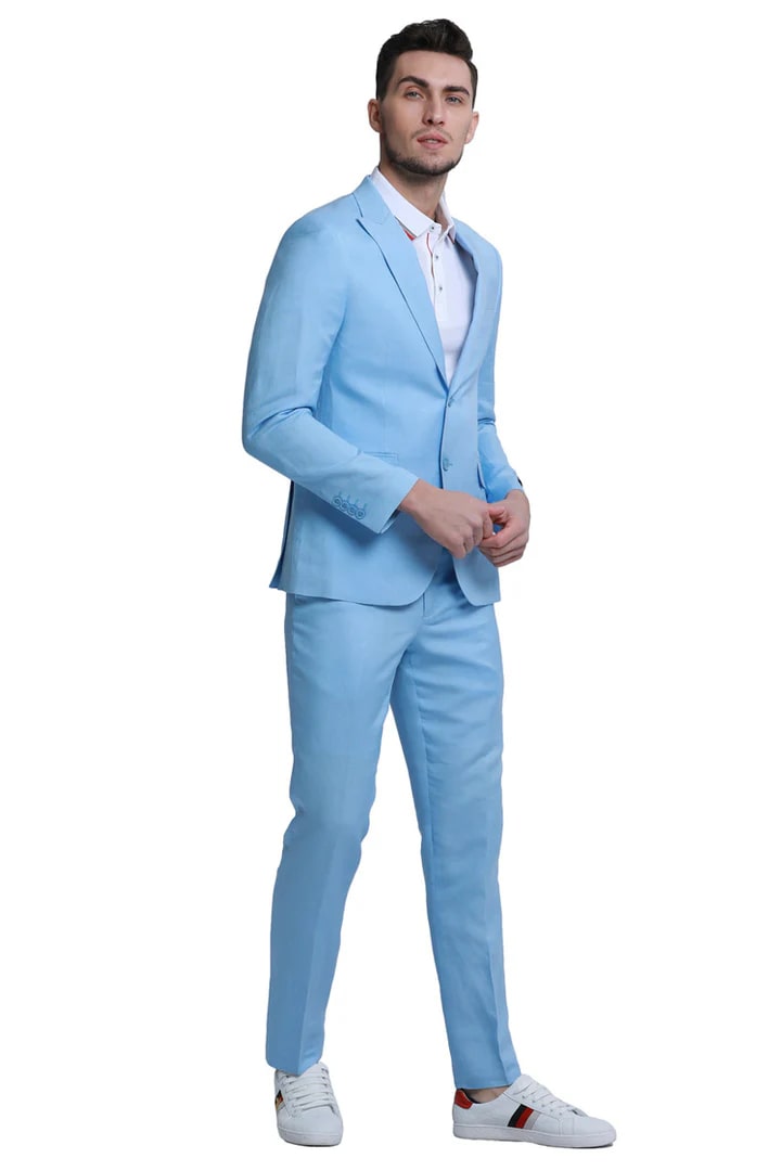 Men's Baby Blue Linen Style Wedding Suit