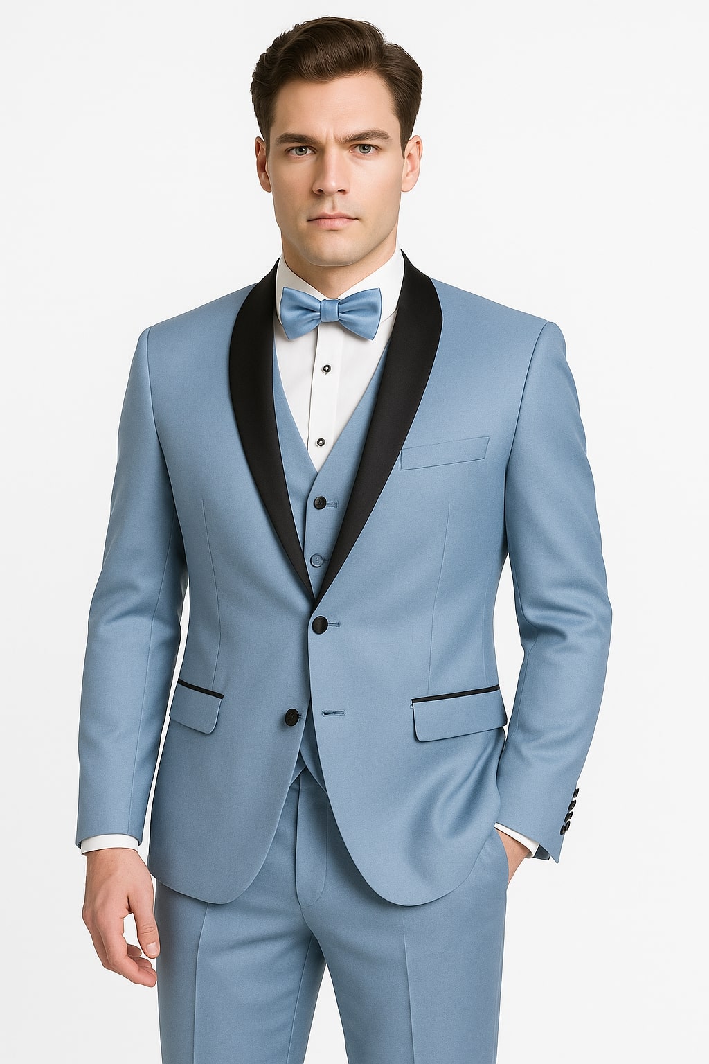 Sky Blue Tuxedo with Black Shawl Lapel Slim Fit Prom and Wedding Suit in Baby Blue Color - Light Blue Sky Blue / 52 Regular Jacket+46 Waist Adjust Sky Blue Tuxedo with Black Shawl Lapel Slim Fit Prom and Wedding Suit in Baby Blue Color - Light Blue Sky Blue / 52 Regular Jacket+46 Waist Adjust